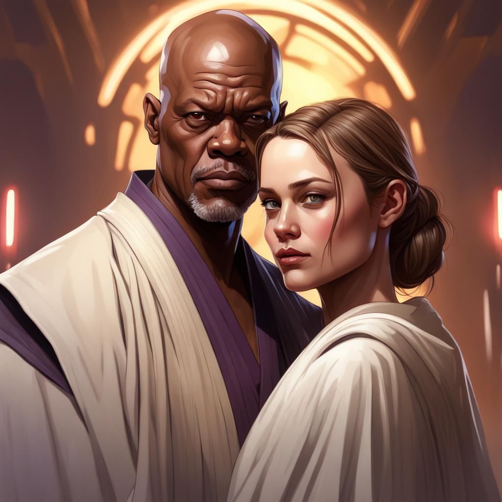 Mace Windu and a young woman resembling Brie Larson as his p...