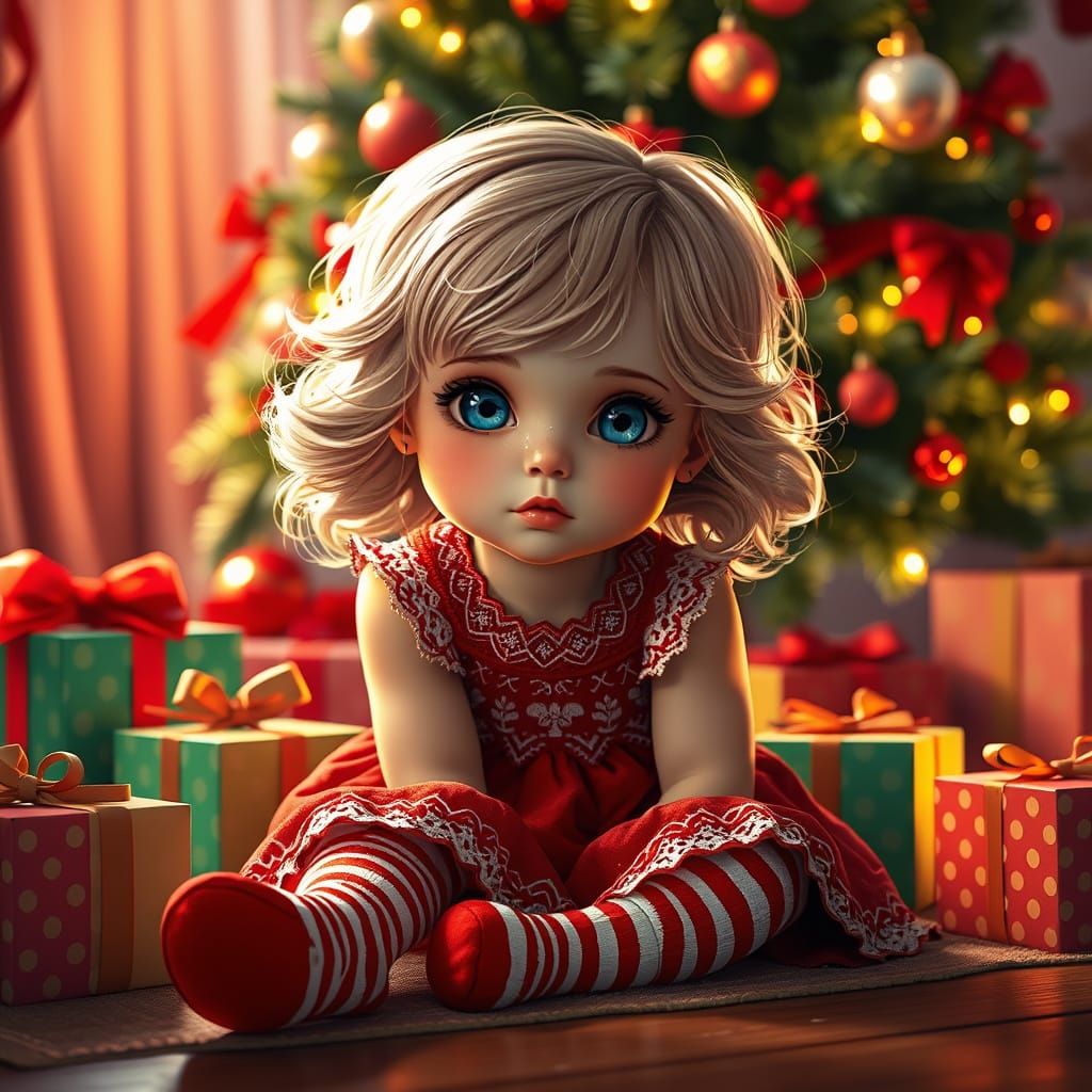 Cute Girl With Christmas Presents in Festive Holiday Scene