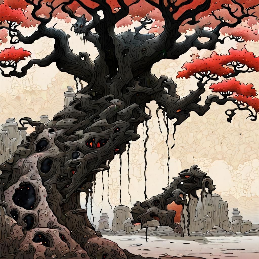 Creepy Tree Black Ink Sketch in Biomorphic Style