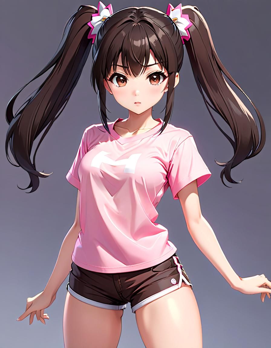 Anime Teen Girl with Ponytail in Pink T-Shirt