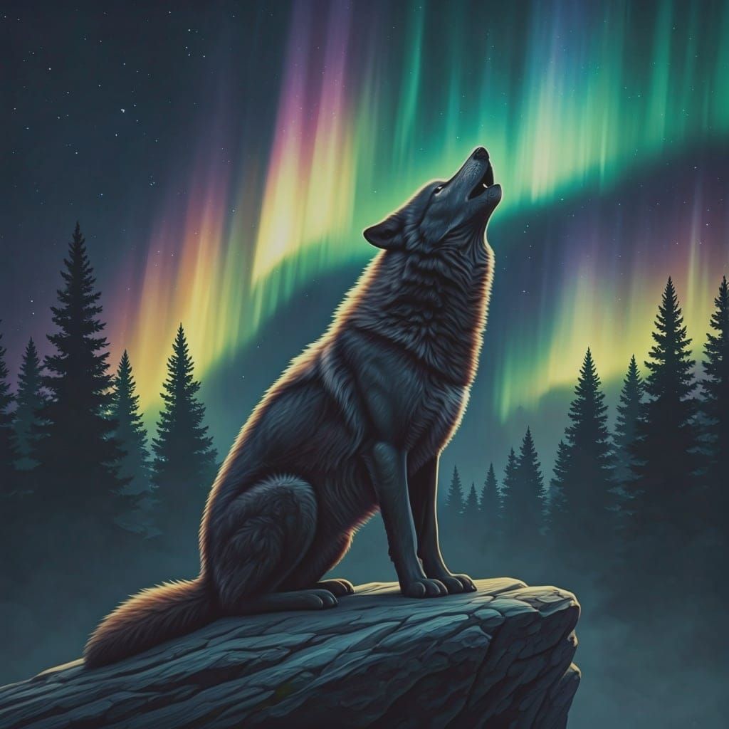 Black Wolf Howling at Northern Lights