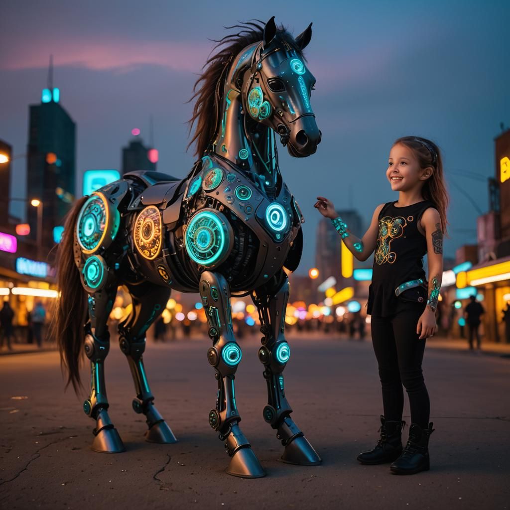 Biopunk Toddler and Her Neon Cyborg Horse