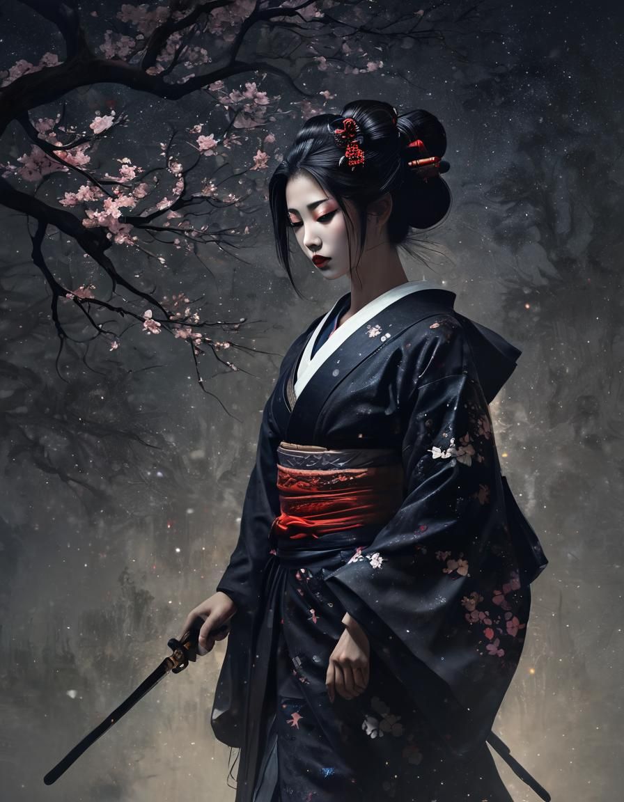 Dark Fantasy Samurai Geisha in Impressionist Style