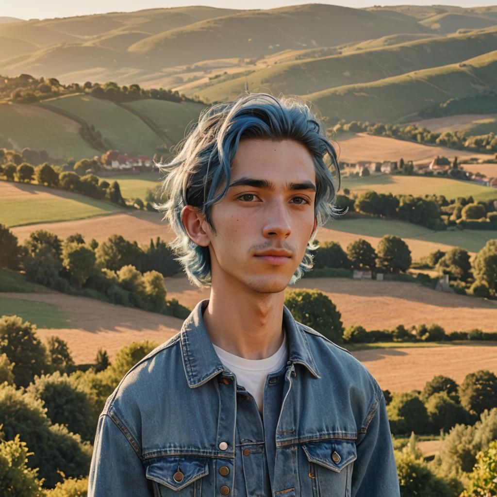 Realistic Portrait of Blue-Haired Man in French Countryside
