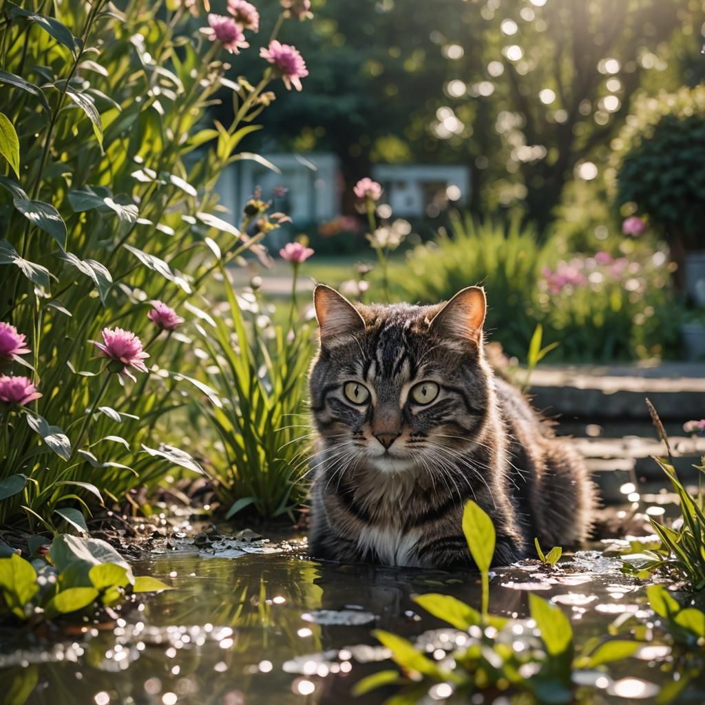 Cat and Mouse at Garden Pond Photograph