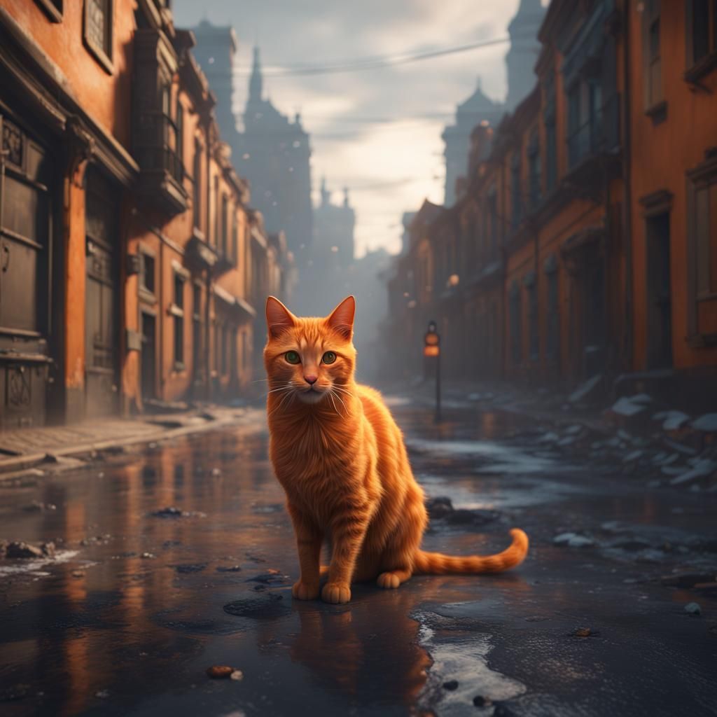 Stray Orange Cat in Empty Street: Detailed Matte Painting