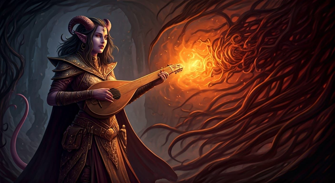 Tiefling Bard Extracts Nightmare, Dark Fantasy Style