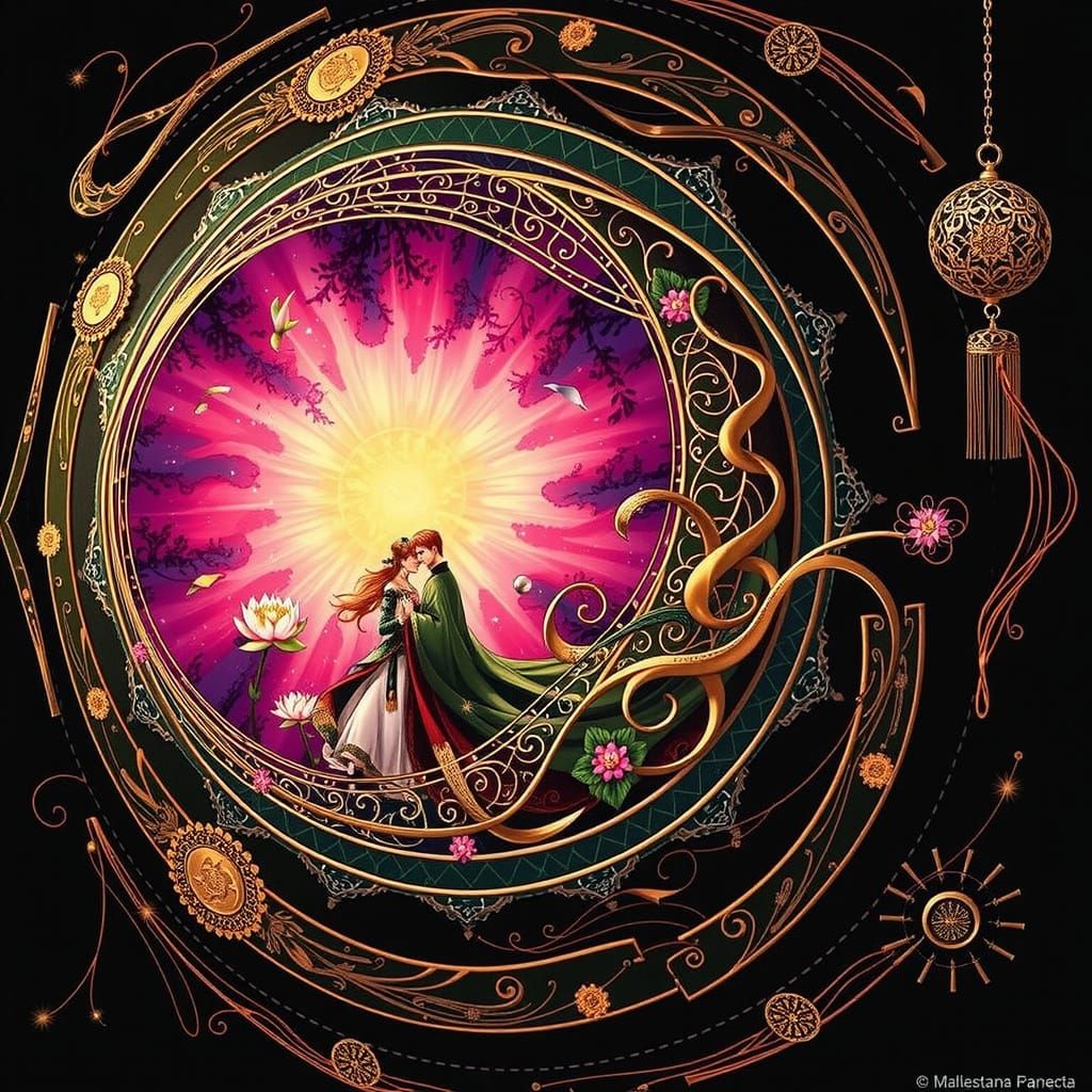 Elegant Figures in Ornate Costumes Embrace