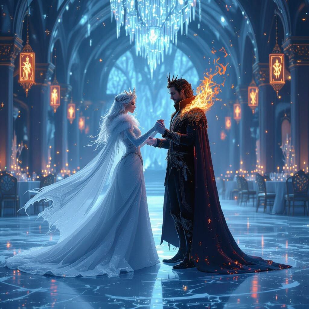 Ice Queen and Fire King Waltz in Surreal Ballroom