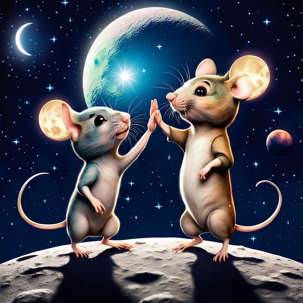Chibi Mice High Five on the Moon