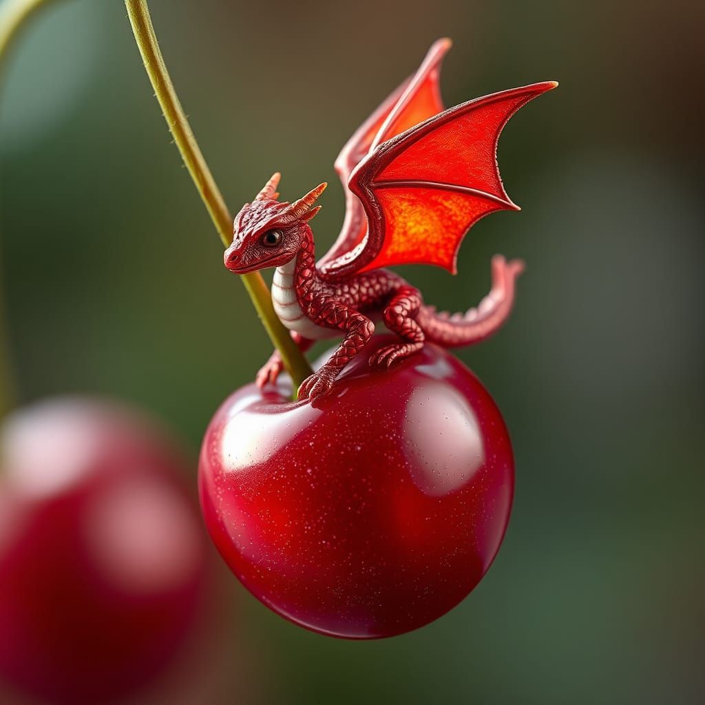 Iridescent Cherry-Red Dragon Perched on Cherry