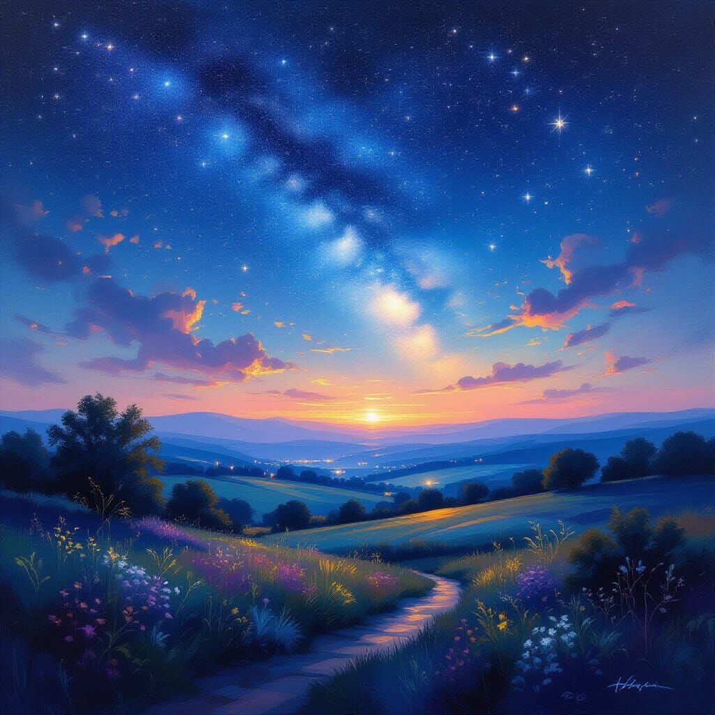Dreamy Starry Landscape in Impressionistic Style