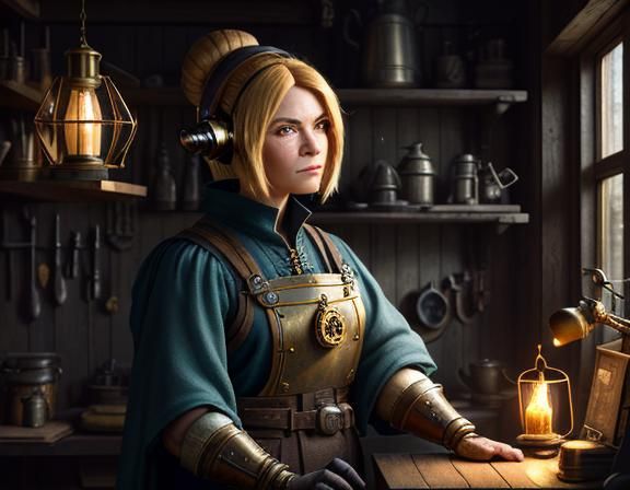 Gnome with Automata at Workbench as Digital Painting