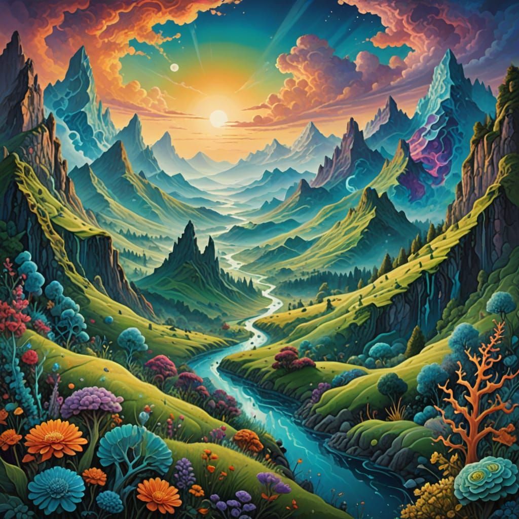 Dreamlike Valley with Mandelbrot-Inspired Landscapes