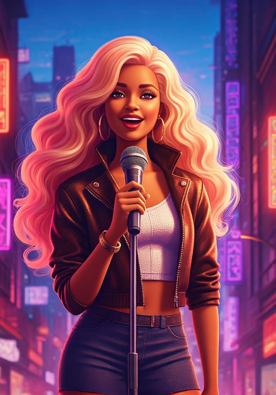 Rapper Barbie Sings in Neon Cityscape