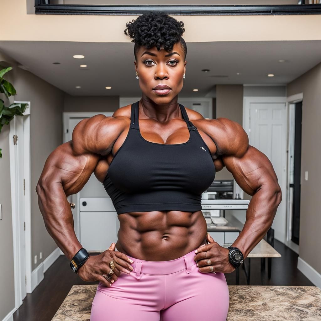 Muscular Black Woman Bodybuilder with Short Undercut