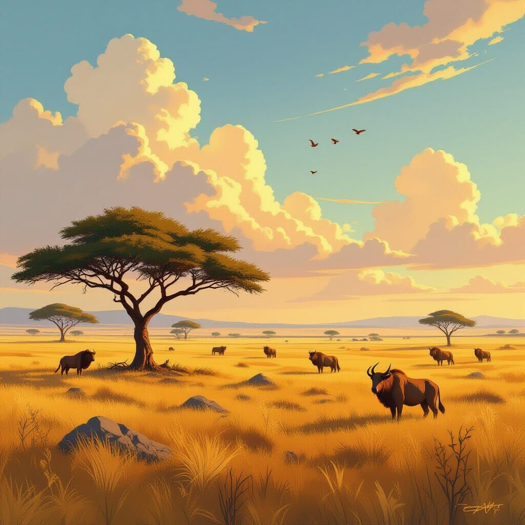 African Savannah Landscape with Vibrant Wildlife