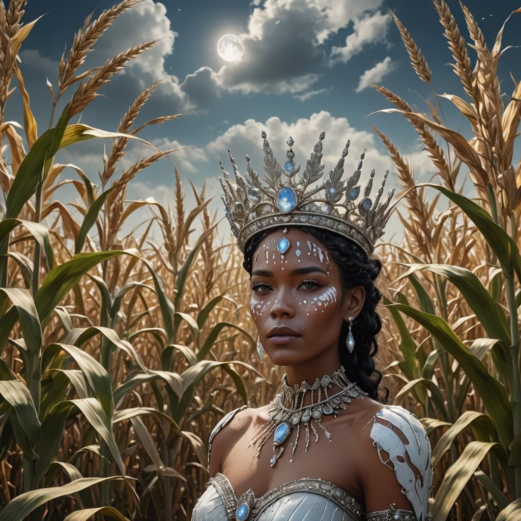 Vitiligo Goddess in Cornfield: Fantasy Concept Art