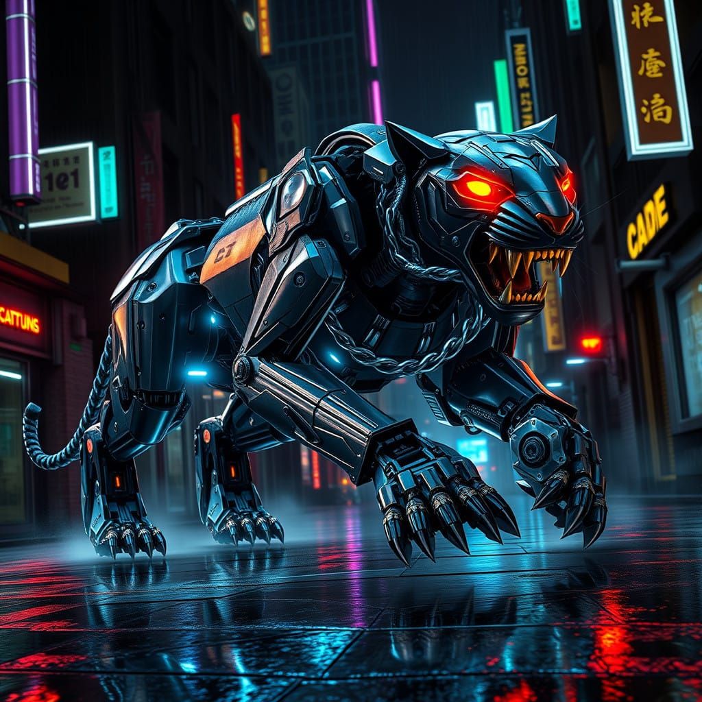 Cyberpunk Robot Tiger Prowls Dystopian City Streets