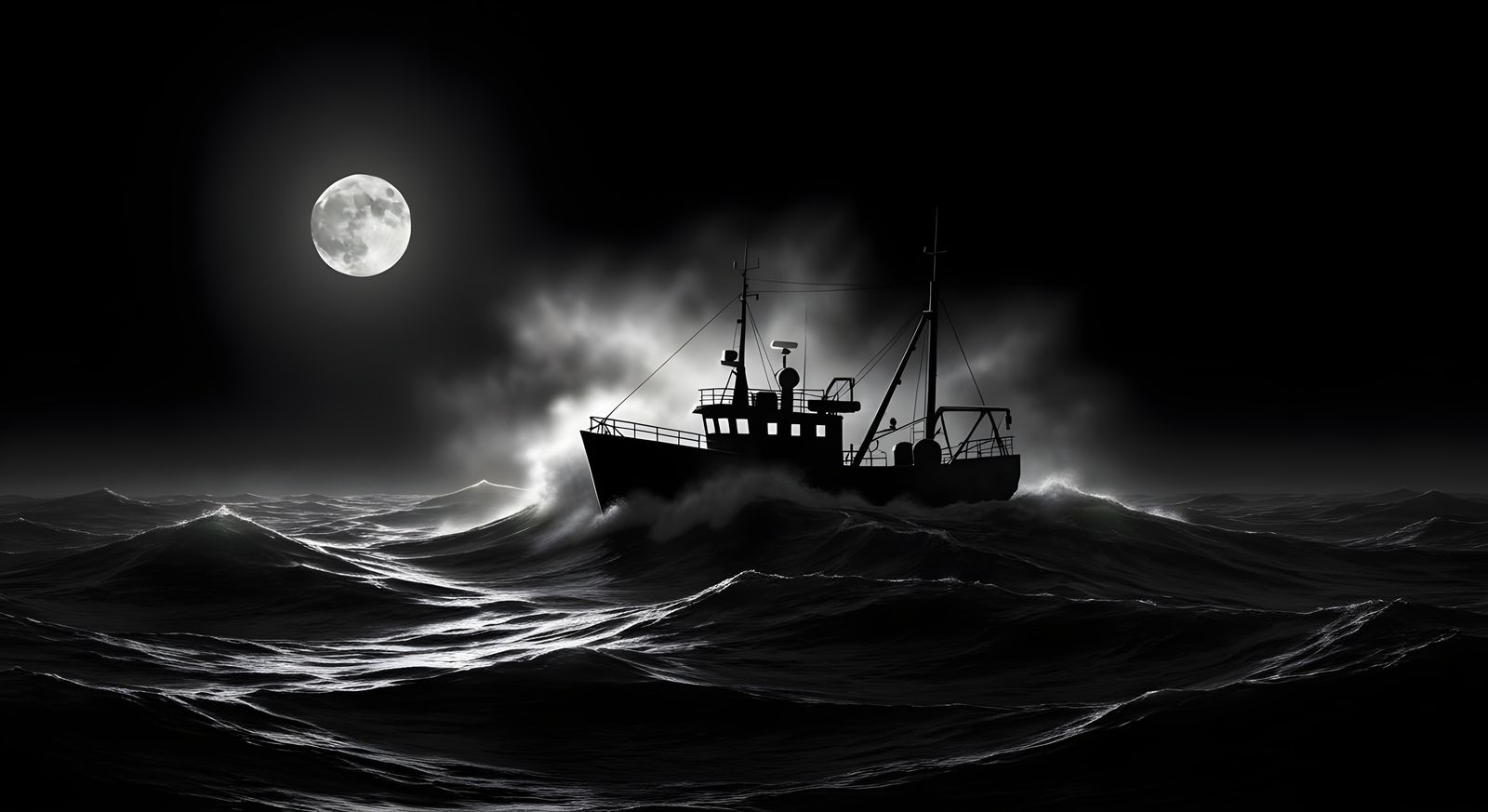 Fishing Trawler in Stormy Seas at Night Charcoal Drawing