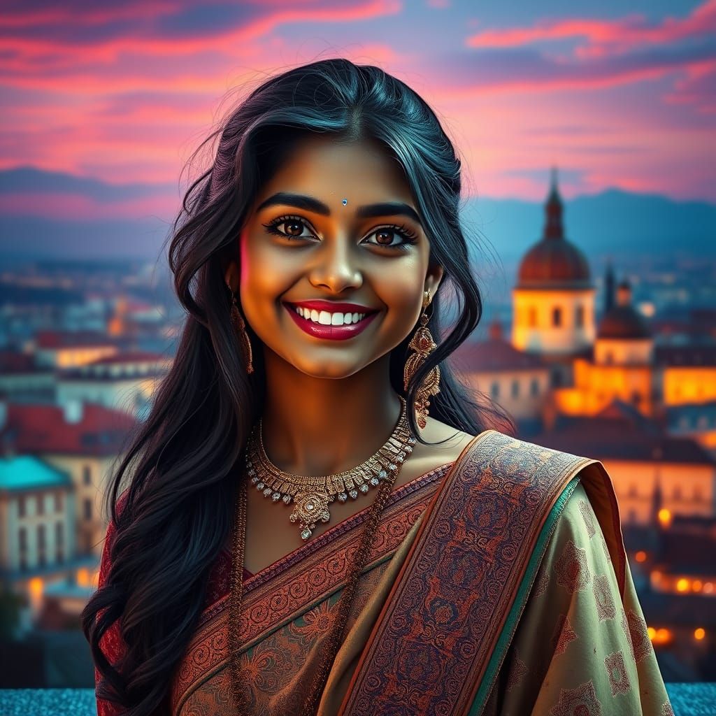 Indian Girl in Elegant Salwar Kameez Against Vibrant Prague ...