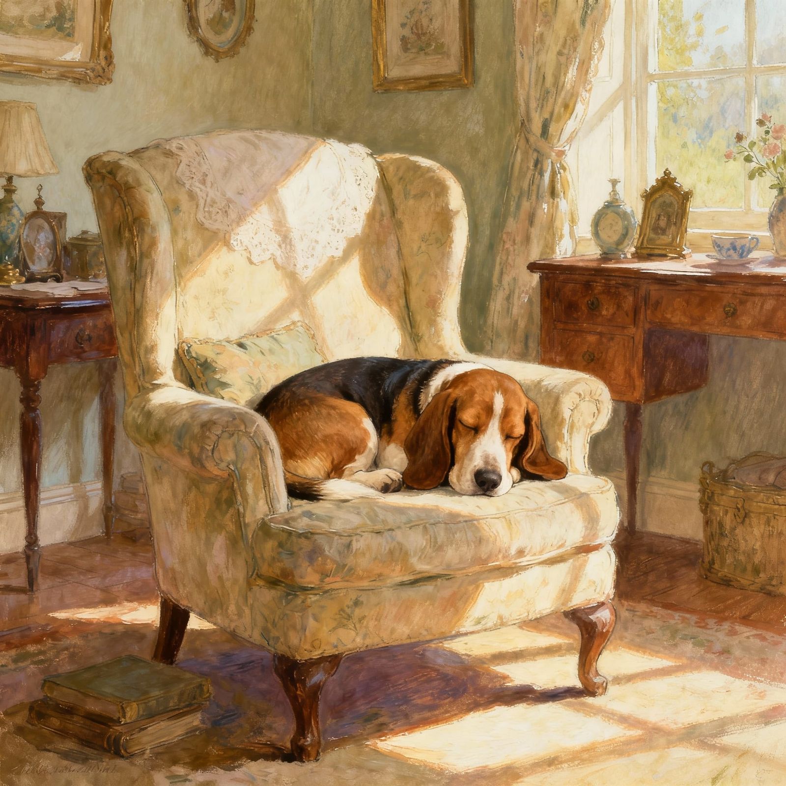 Sleepy Basset Hound in Sunlit Armchair, Vintage Storybook St...