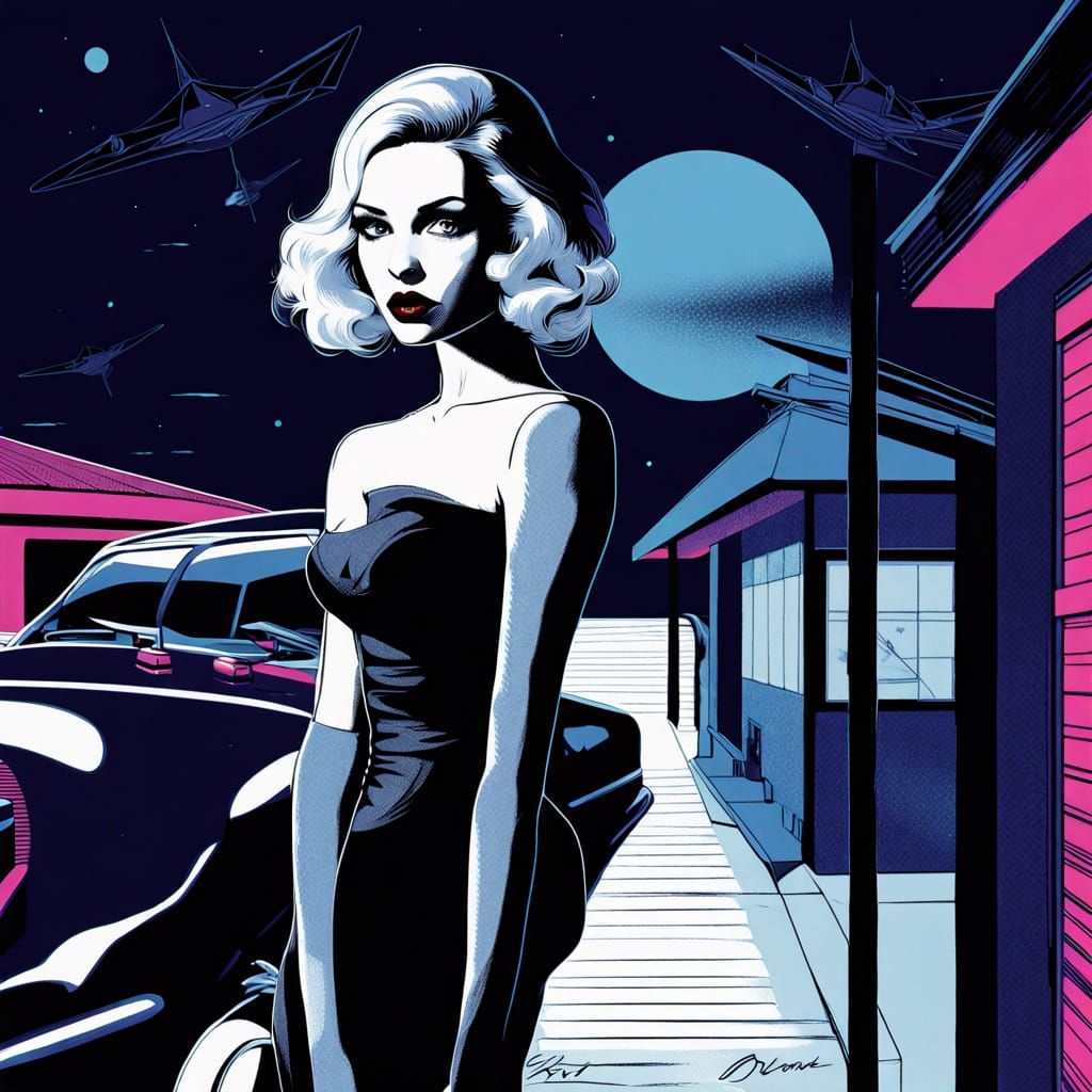 Surreal Young Woman in Retro-Futuristic Setting