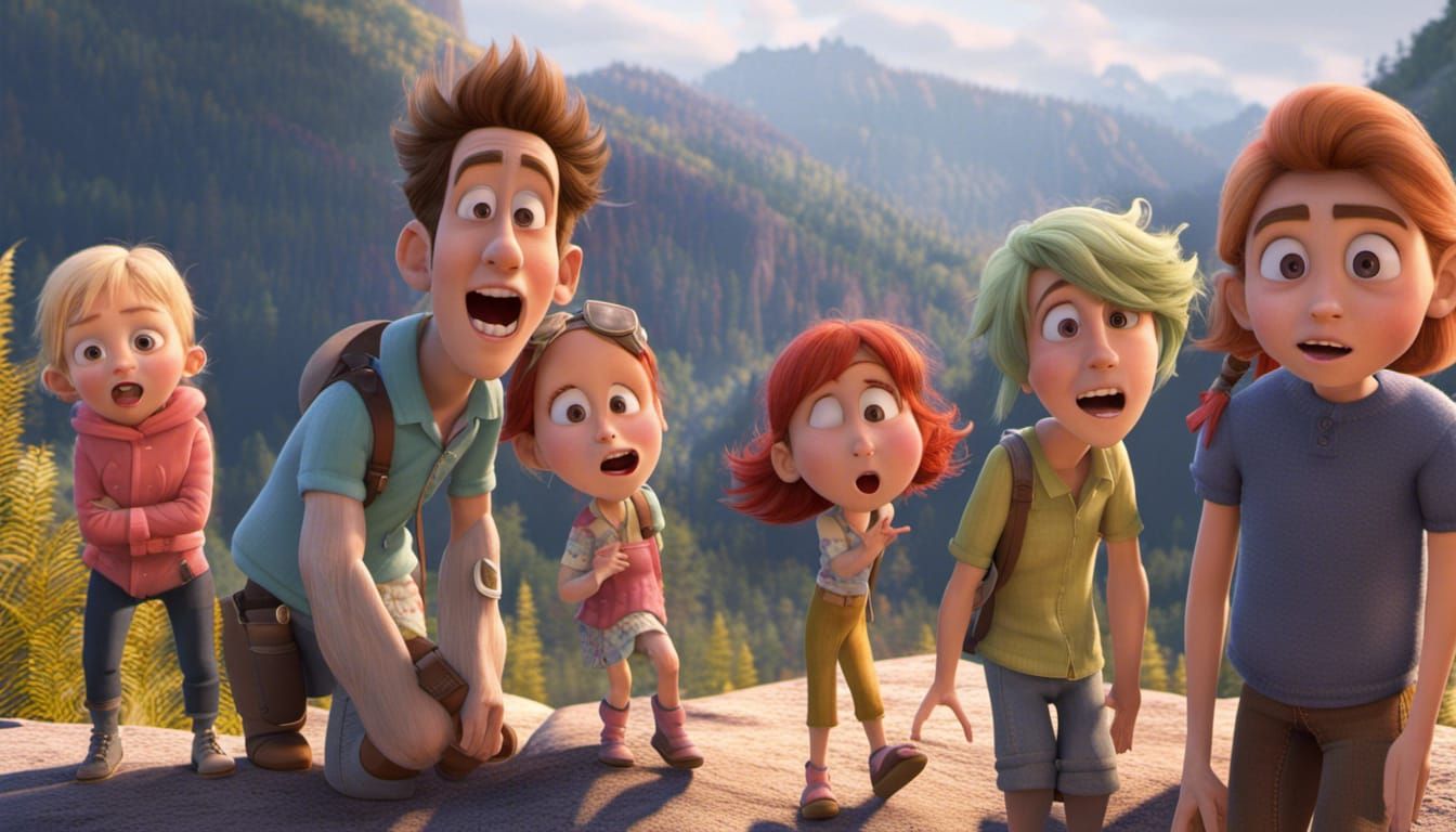 Shocked People in Mountains: Pixar-Style Cinematic Image