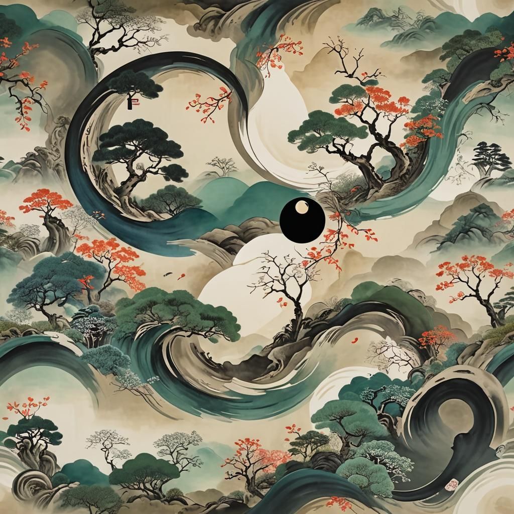 Serene Landscape with Taijitu Symbol in Abstract Art