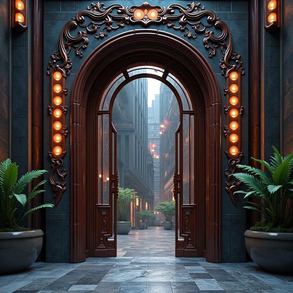 Ornate Cyberpunk Doorway with Classical Motifs