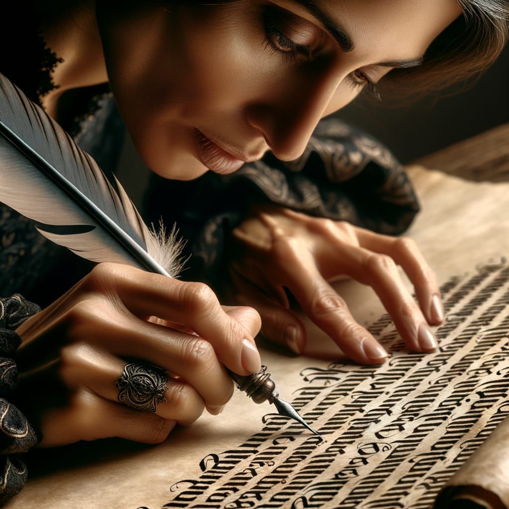 Medieval Calligraphy: Woman Writing on Parchment Scroll