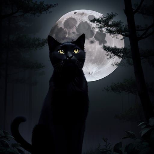 Black Cat Gazing at Moon in Misty Forest