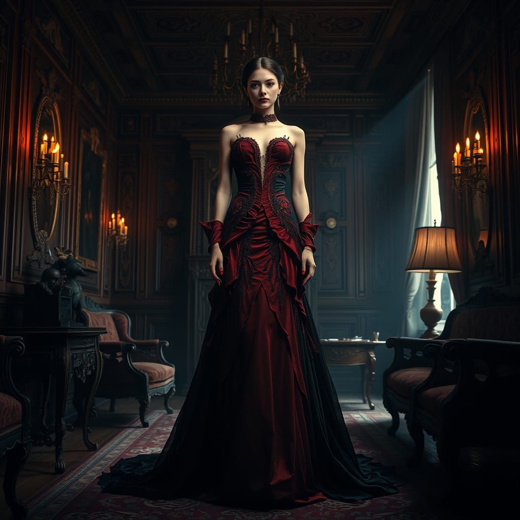 Woman in Red and Black Gown, Digital Art