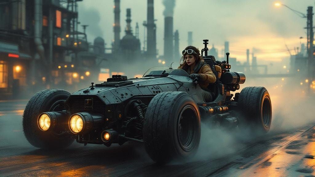 Dieselpunk Roadster Pilot in Foggy Metropolis
