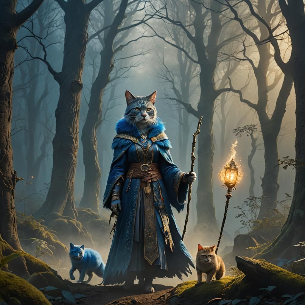 Catfolk Sorceress in Mystical Forest, Digital Painting