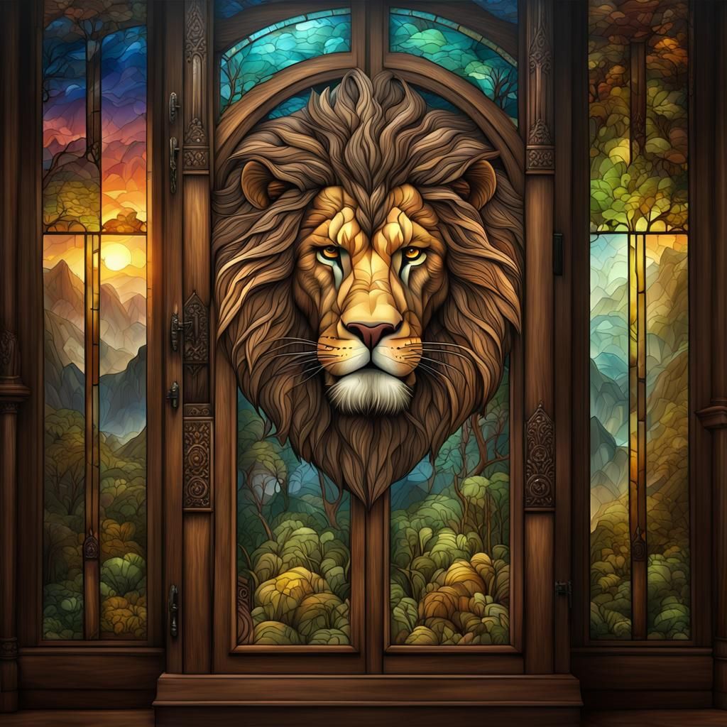 Lion Aslain in Stained-Glass Armoire Door