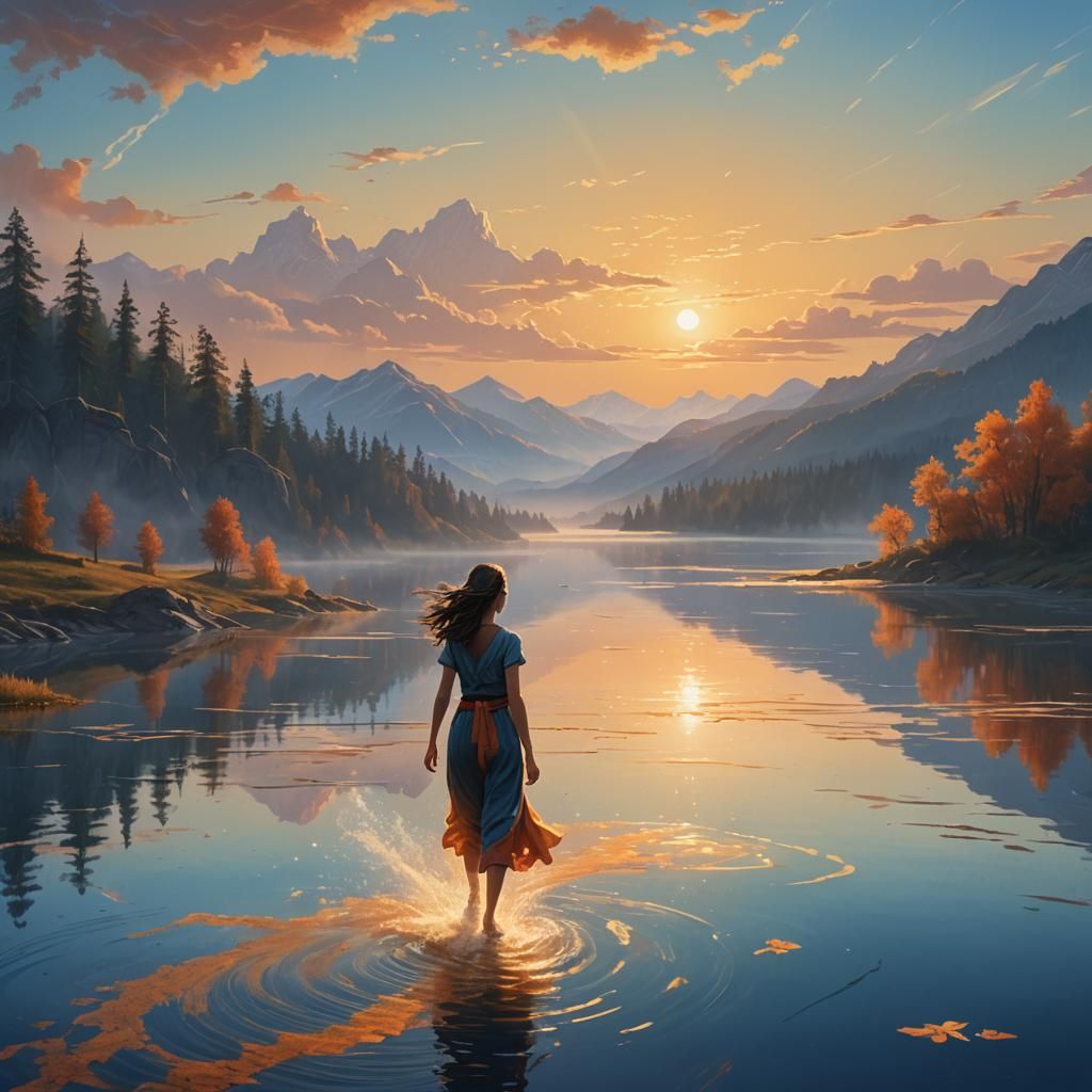 Woman Runs by Lake: Digital Matte Painting