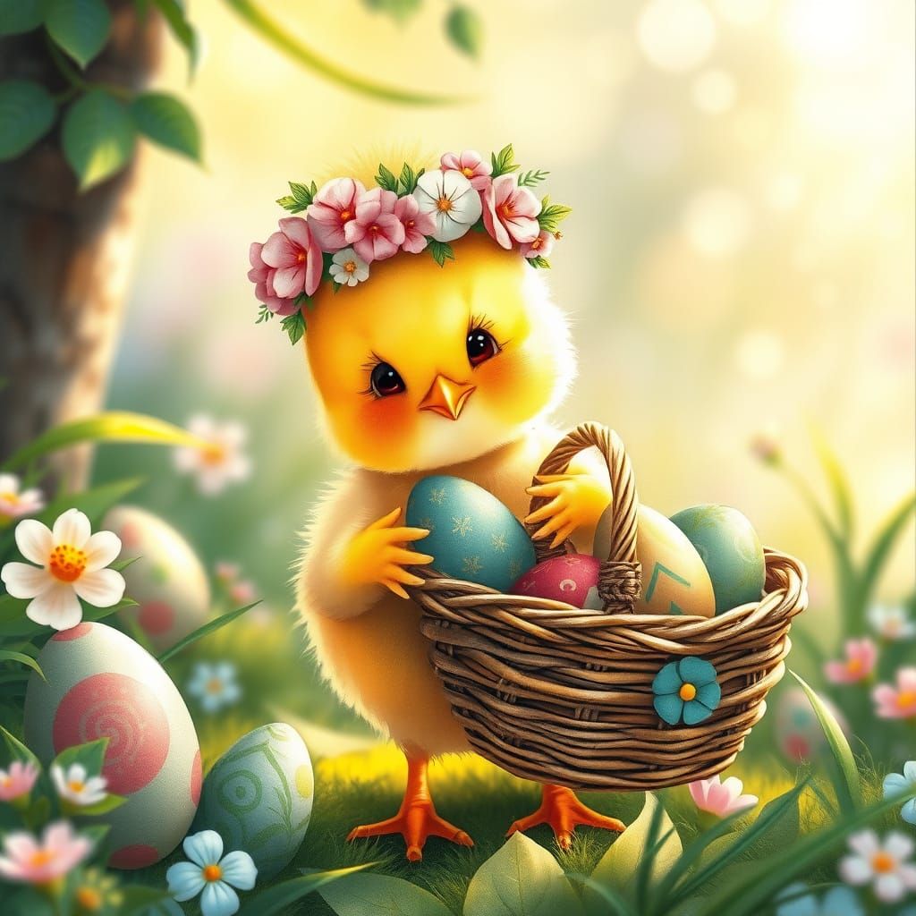 Chick in Whimsical Easter Garden