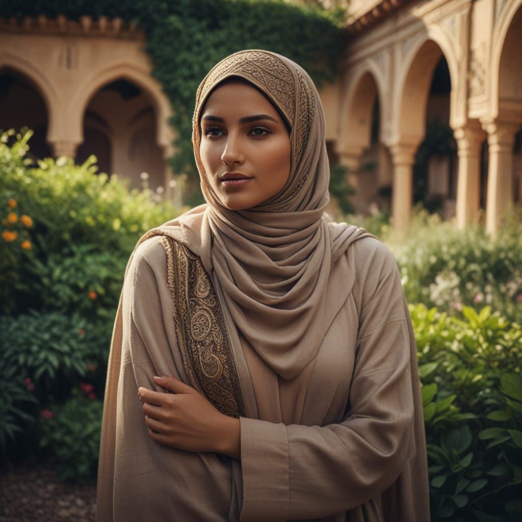Middle Eastern Couple in Serene Garden Oasis