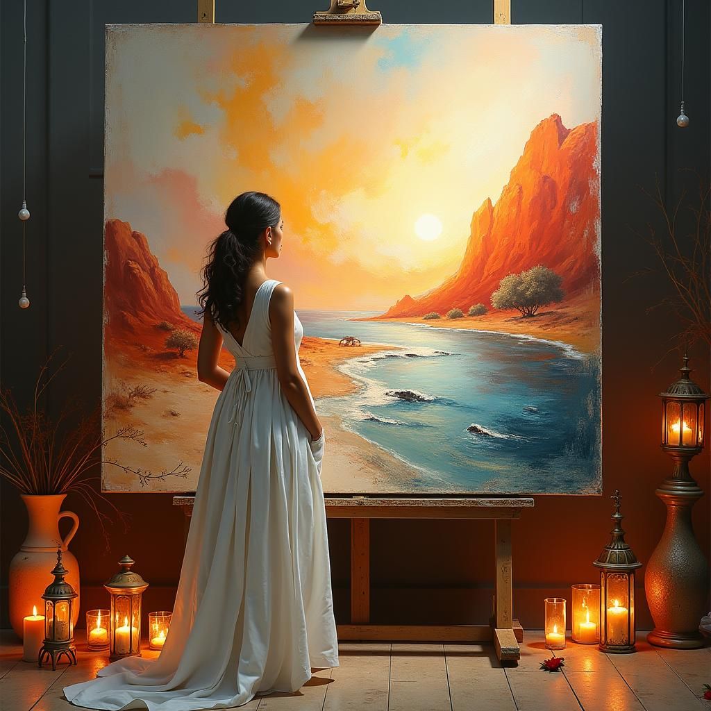 Artist at Canvas, Rich Textures in Expressionist Style