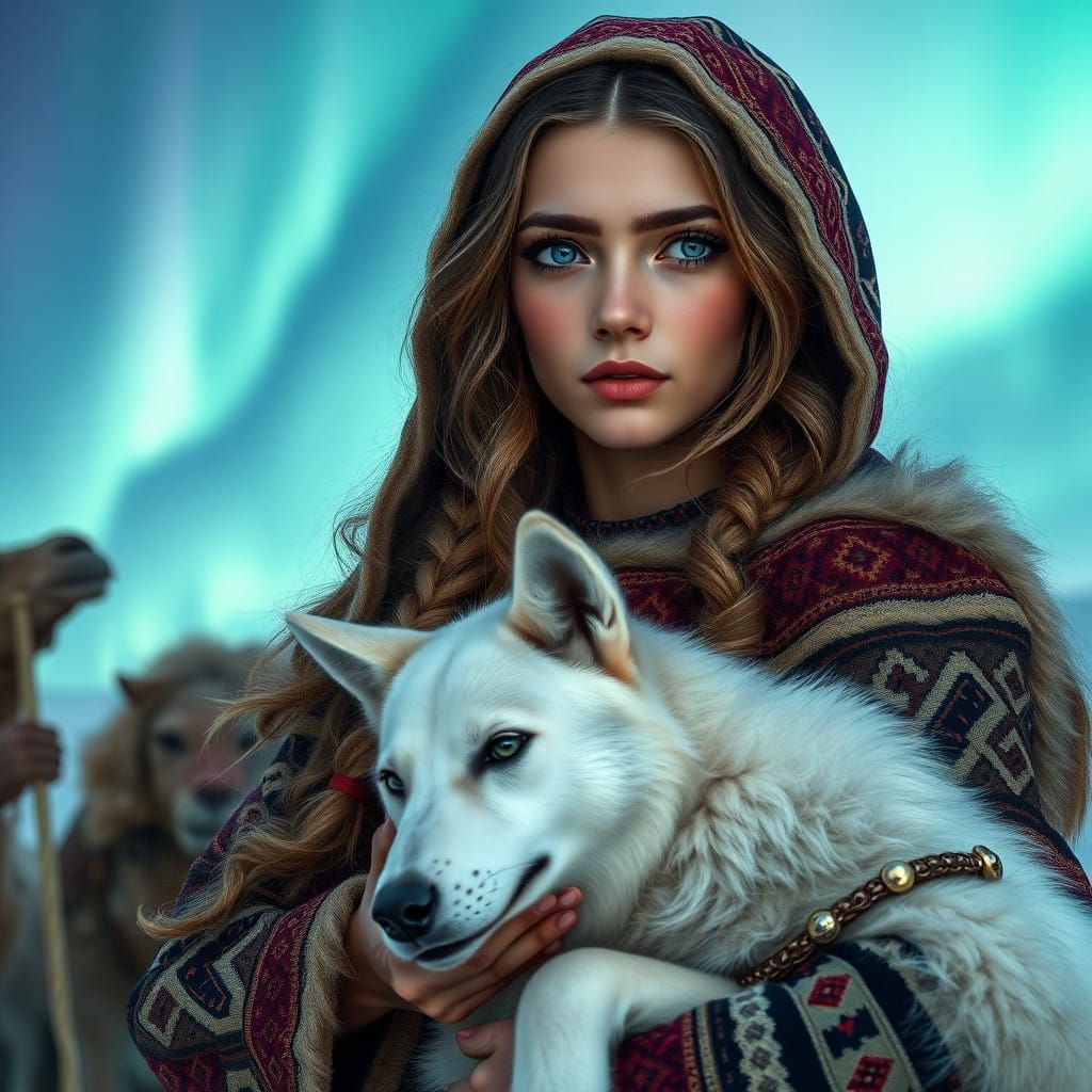 Serene Saami Princess in Traditional Attire, Under Northern...