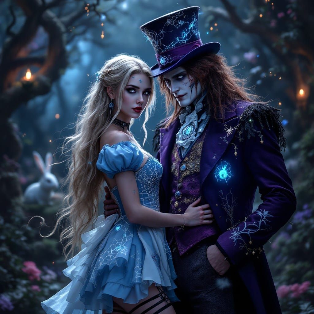 Goth Alice and Mad Hatter in Wonderland Tea Party Scene
