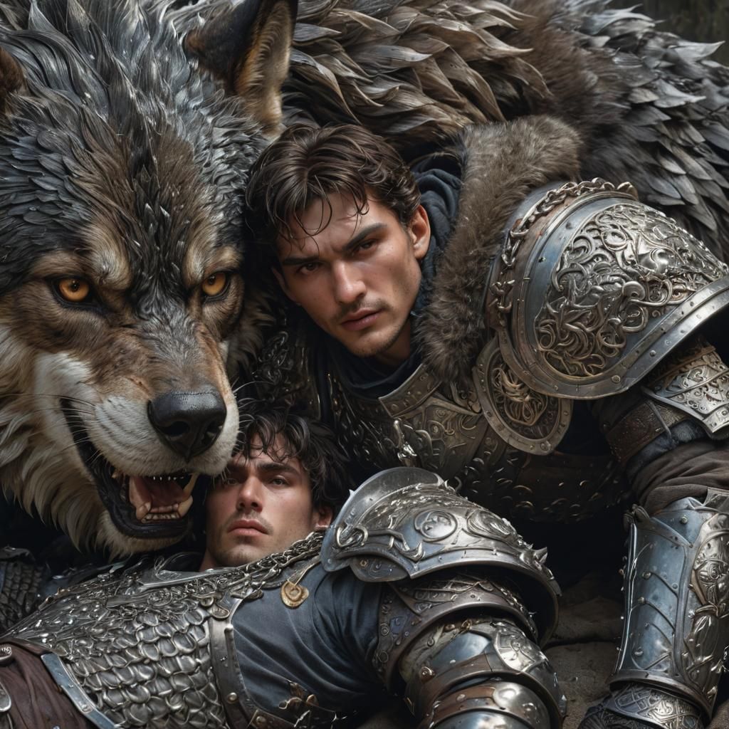 Wolf-like Beast Pounces on Armored Man: Fantasy Art