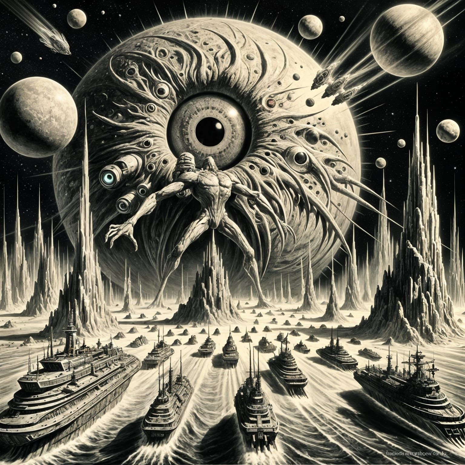 Spaceships Engage Malevolent Planet in High Fantasy Art