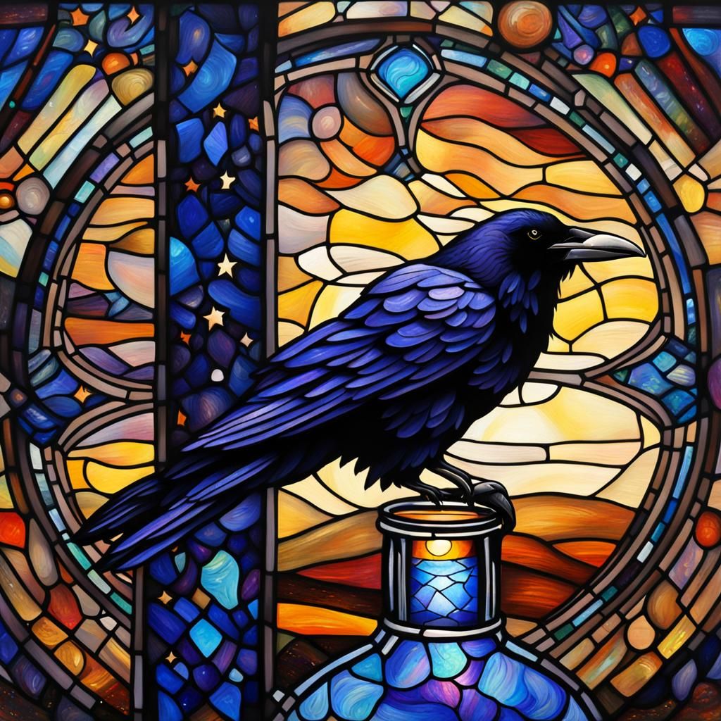 Raven in a Bottle Under Starry Night Sky