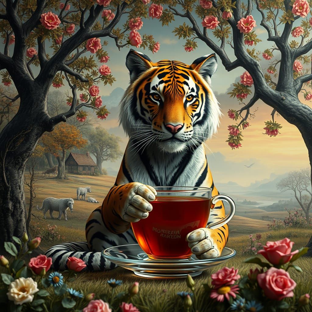 Anthropomorphic Tiger's Tea Party: A 3D Art Fusion