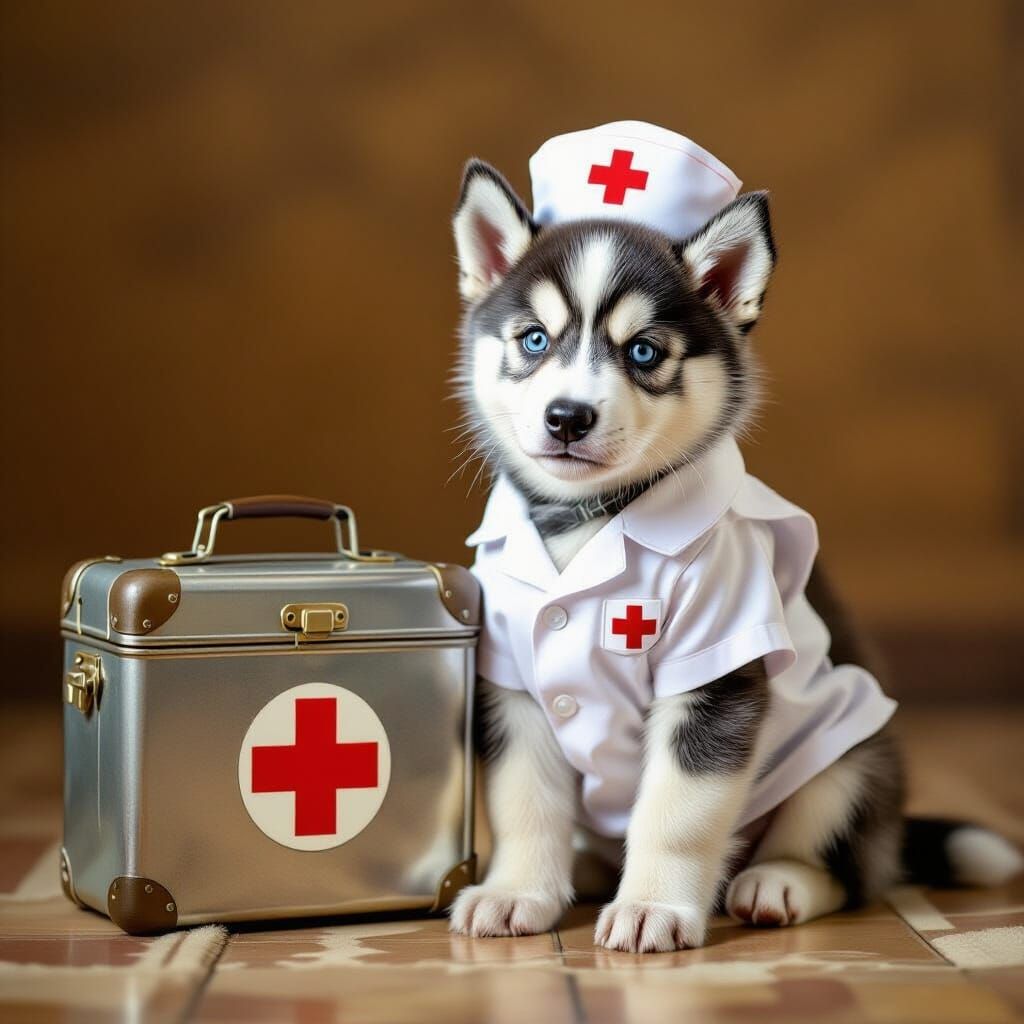 Husky Pup as a Nurse in Sentimental Realism Style