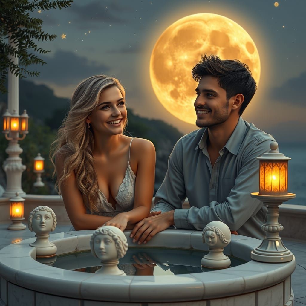 Romantic Evening Oil Painting: Smiling Couple Under Golden M...