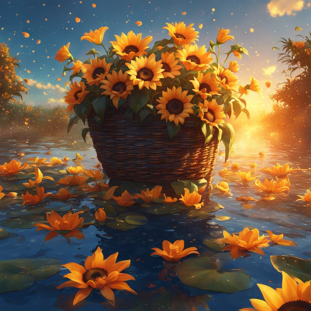 Vibrant Fantasy Landscape with Sunflowers, Waterfall, and Wi...