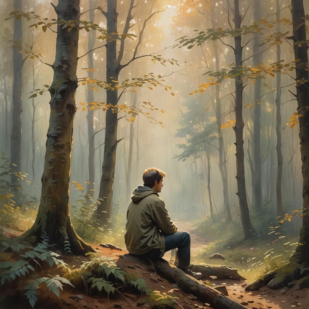 Impressionist Painting of Person in Misty Forest